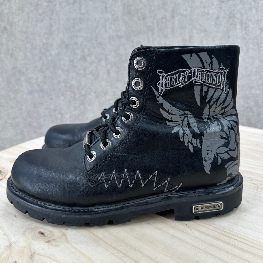 Harley Davidson Ginny Black Leather Eagle Wing Combat Biker Boots Womens 7.5